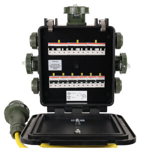 Vollgummiverteiler 32A mit FI/LS 1x32A, 2x16A, 6xSchuko - IP67 bronzegrün, 6150T00134, 360 x 340 x 330 mm
