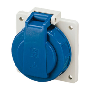 Schuko Anbausteckdose mit Scharnierdeckel, IP68, blau/grau