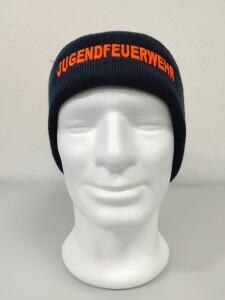 Strickmütze, Dunkelblau mit orangenem Stick...