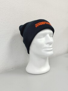 Strickmütze, Dunkelblau mit orangenem Stick...